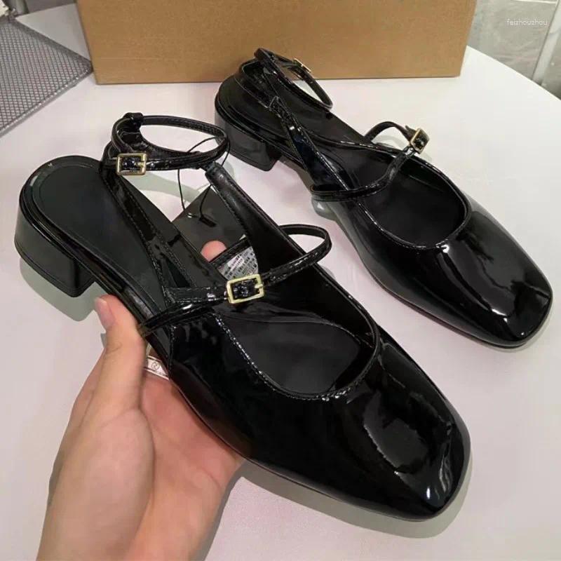 Sandals Elegant Office Shoes For Women Black Leather Square Toe Chic Outdoor Casual Sgbacks Ankle Strap Summer Lady Heeled