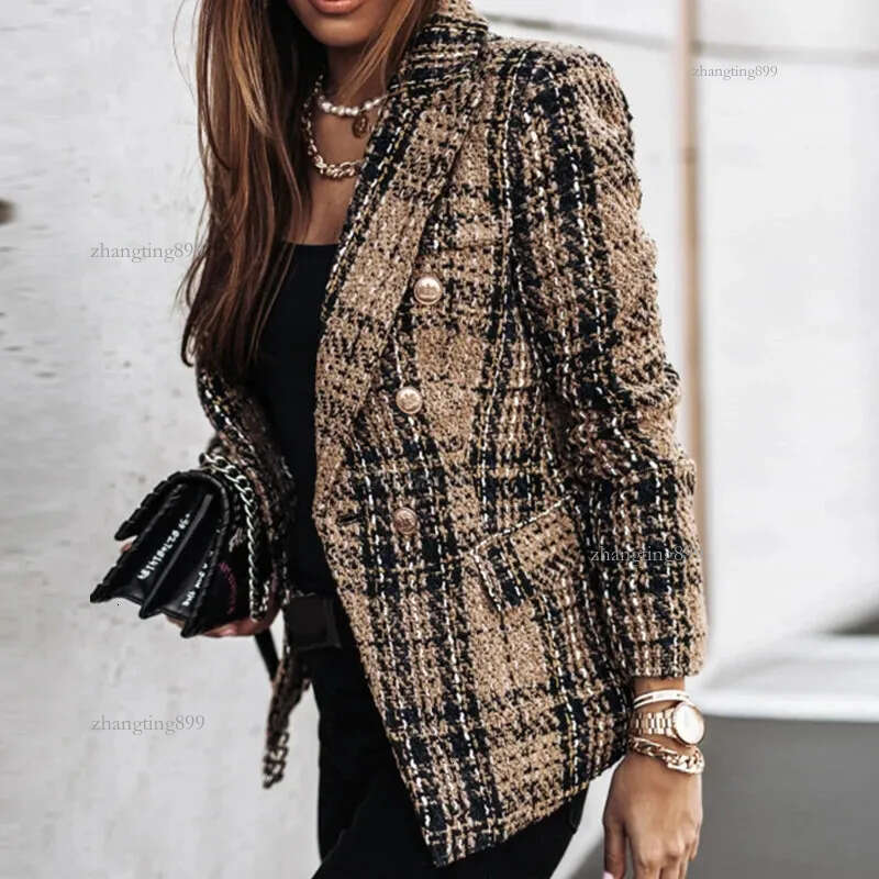 Women's Suits Blazers Spring-Autumn Jacket Plaid Blazer Women Long Sleeve Double-breasted Tops Slim Tweed Coat Office Lady Coat Woman Clothes 231
