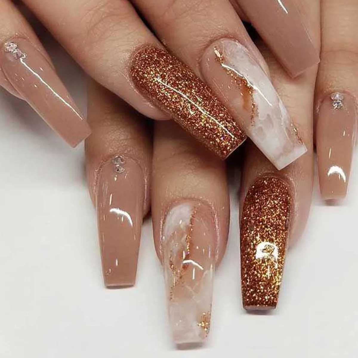 24 pieces of gradual blue pressed false nails Long coffin false nails Gold foil rhinestone Ballet design wearable French ergonomicsW241125