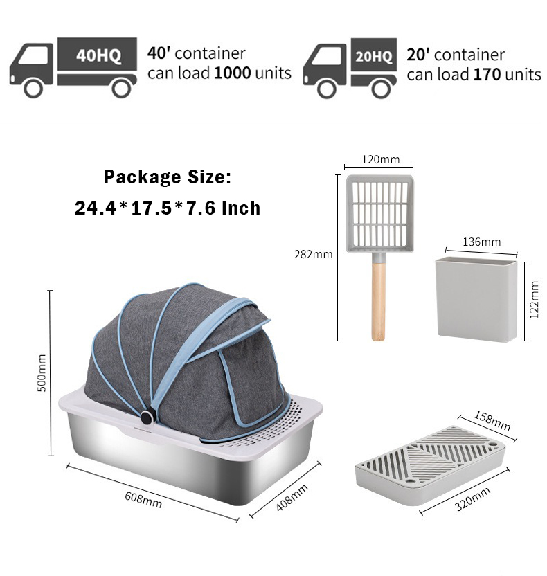 2024 New Eco-Friendly Semi Enclosed Pet Supplies Factory With Lid Sliding Scoop Portable Stainless Steel Cat Litter Box