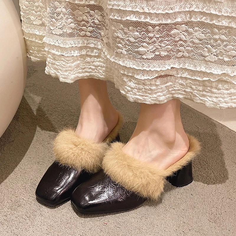 Winter Women Fur Shoes Elegant Fashion Closed Toe Mules High Heel Height Shoes Lady Sexy Chunky Soft Warm Slippers 241125