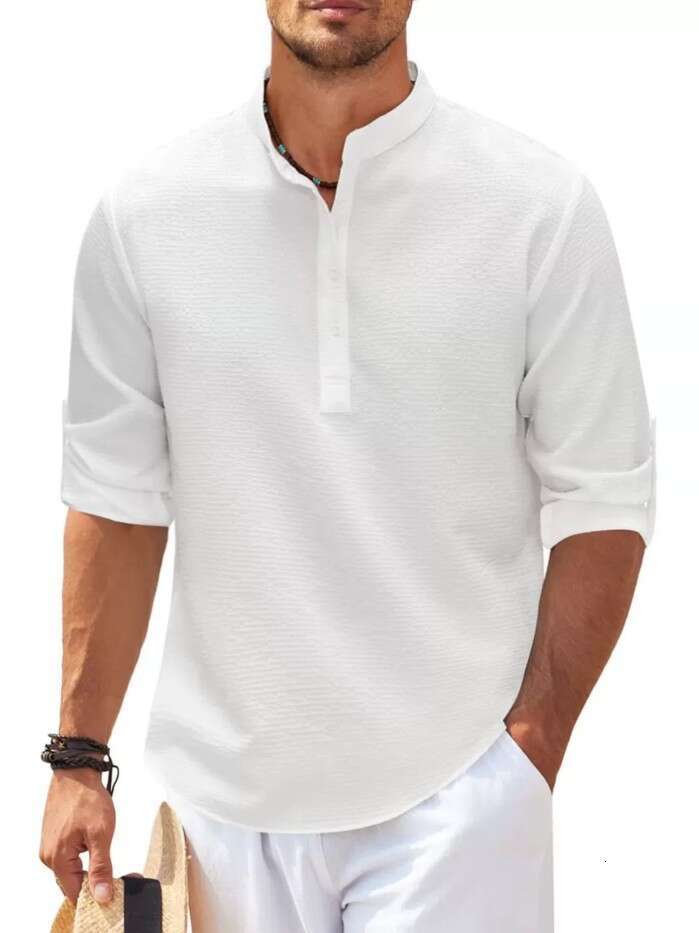 European And American Men's Shirt Long Sleeved Stand Up Collar Open Button Pineapple Plaid Casual Top Wholesale B2