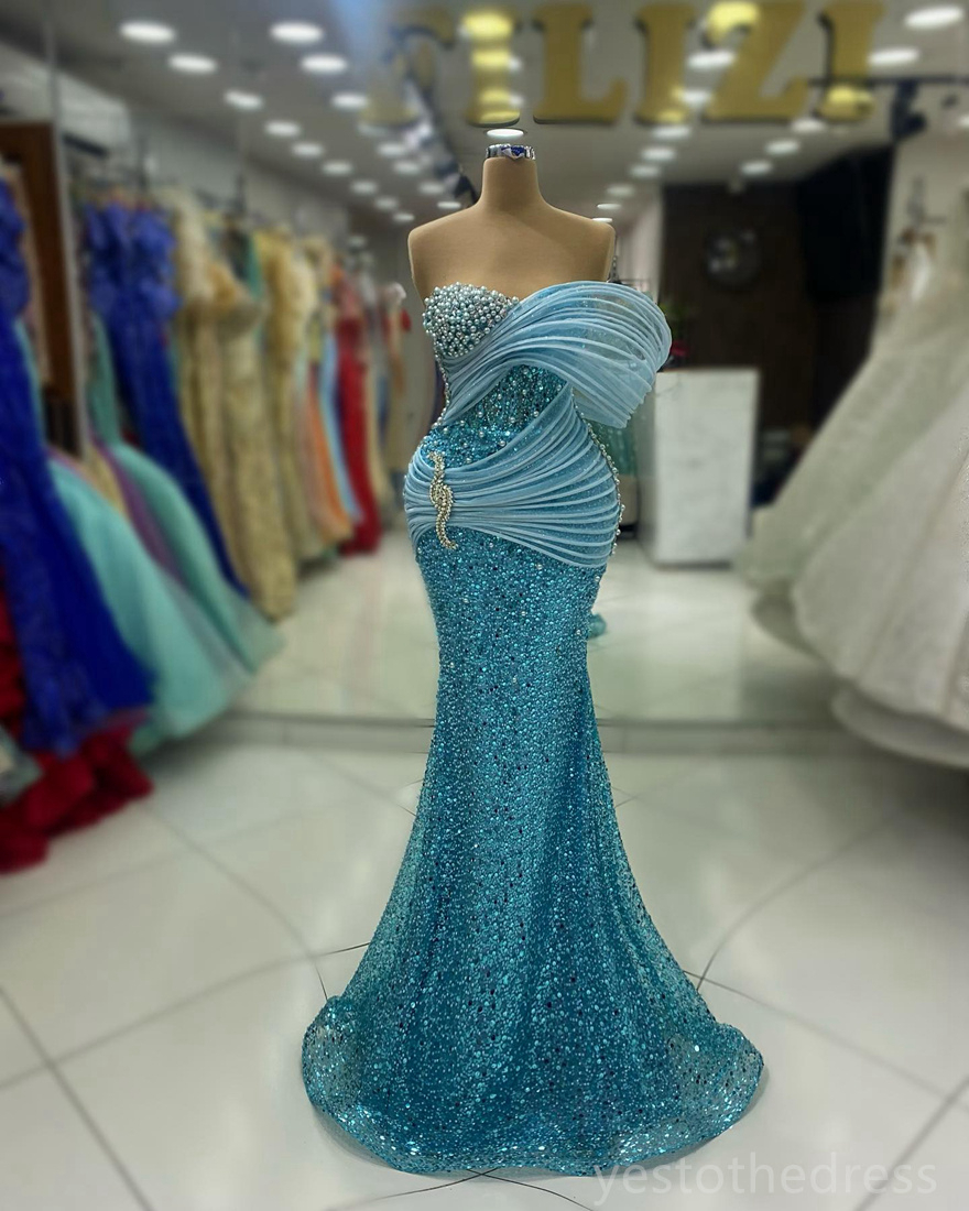2024 Plus Size Blue Prom Dresses for Black Women Promdress Illusion Beaded Lace Pearls Rhies Decorated Birthday Party Dress Second Reception Gowns