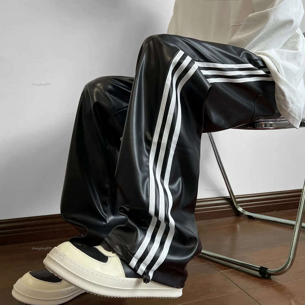 Side Stripe Leather Pant Men Women Streetwear Fashion Loose Casual Hip Hop Vintage Straight PU Leather Pants Cargo Trousers 240807