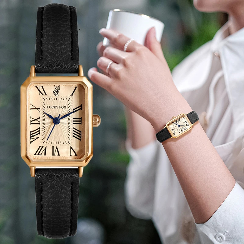 Womens Watch Rectangular Case Quartz Watch Simple Roman numerals dial Womens Watch Black Strap Watch Retro Fashion Reloj 241125
