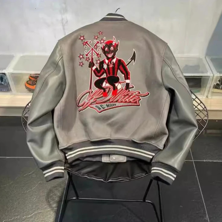 Devil jacket Y2K mens hip-hop leather cartoon embroidery motorcycle jacket leather zipper jacket 241122