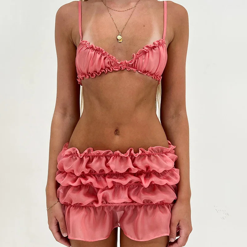 Y2K Ruffle Mini Skirt Set Red Spaghetti Strap Tops and Low Waist Outfits Women Summer Sexy Club Party Two Piece 240423