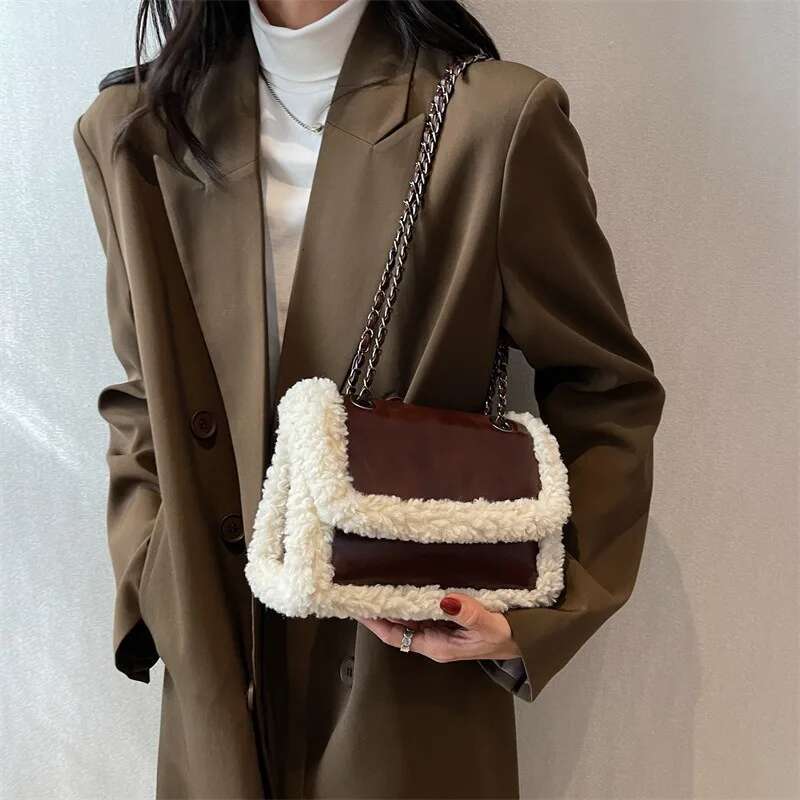 Retro Faux Fur Lambswool Handbag Women Designer PU Leather Messenger Bags Ladies Tote Purses Chain Shoulder Bag