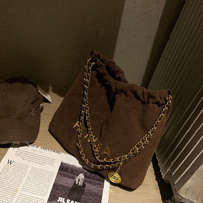 Women Genuine Leather Large Capacity Chain Ed Plaid Tote Suede Armpit Bucket Bag String