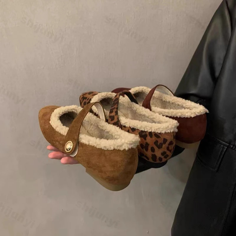 Square Toe Cosy Lambs Wool Ballet Flats Woman Warm Teddy Fur Mary Jane Shoes Ladies Leopard Elegant Fluffy Plush Loafers 241125