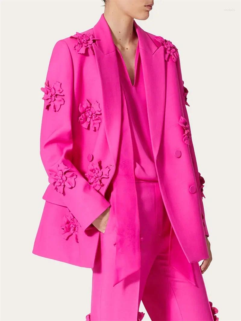 Work Dresses Barbiecore Pink Women Suits Set Blazer 2 Pcs Jacket Pants Cotton 3D Flower Applique Prom Dress Formal Double Breasted Coat AAA