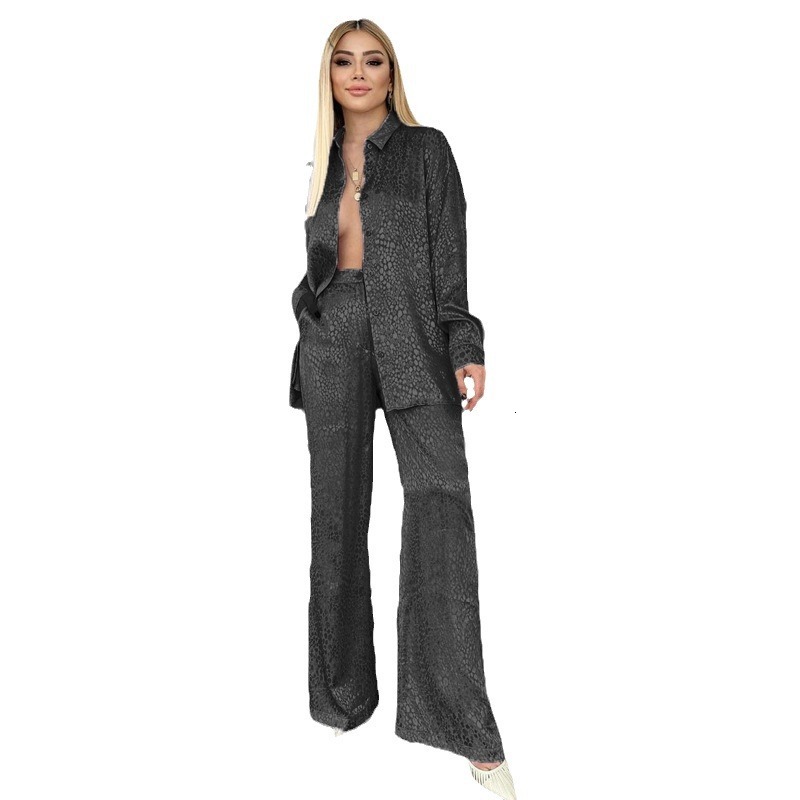 Set Of Women's Long Sleeved Lapel Shirt, Leopard Print Pants, Fashionable And Casual Two-Piece Set