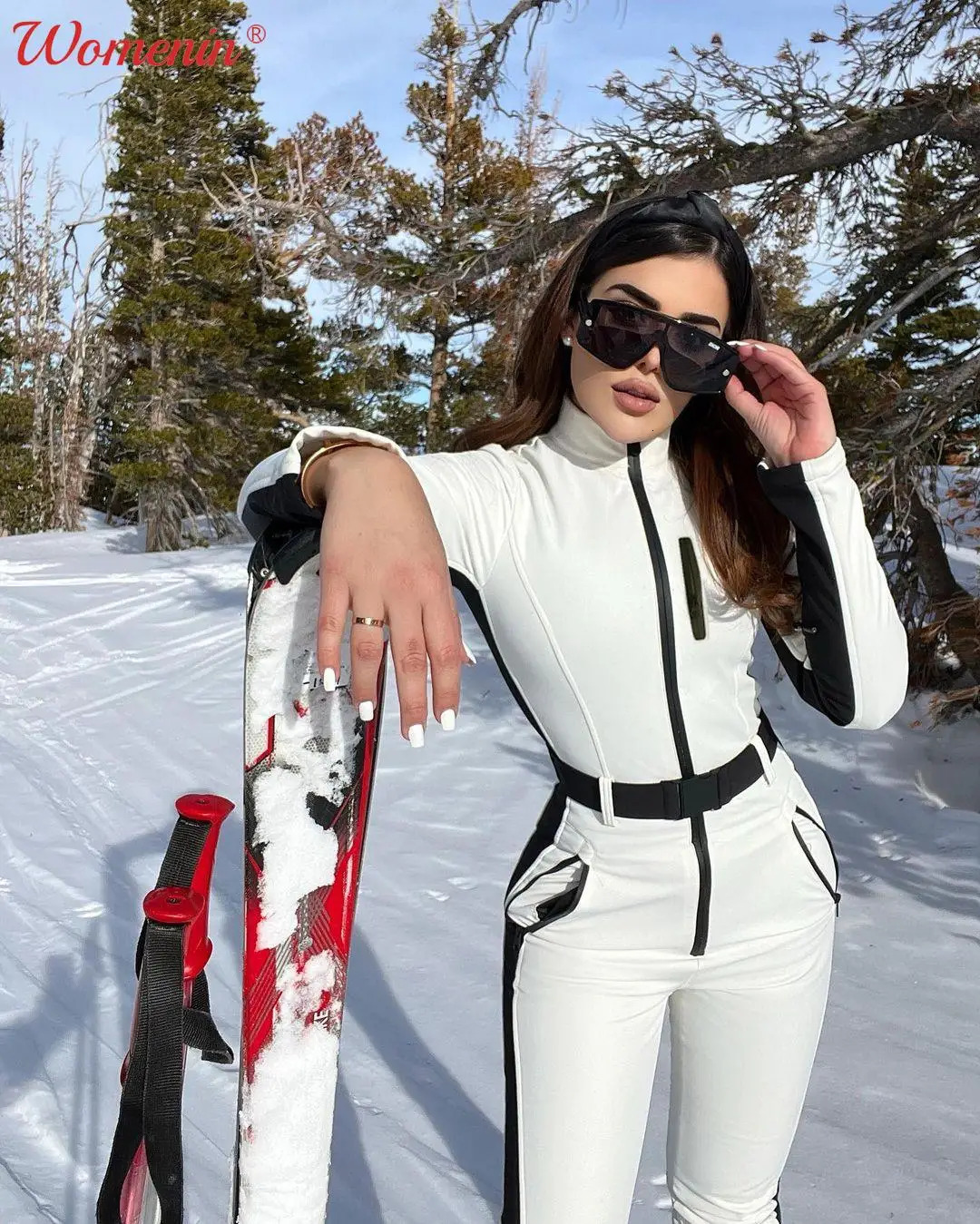 Fashion Patchwork Jumpsuit For Women Winter Slim Long Sleeve Waterproof Zipper Skiing Suit Female Casual High Waist Snow Sets 241121