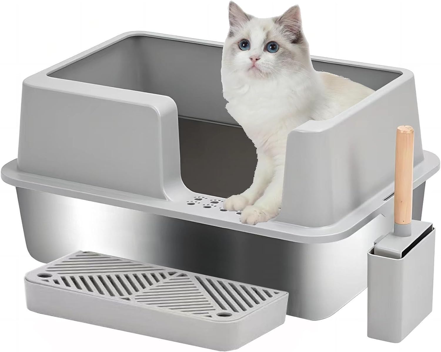 XM-002 Stainless Steel Cat Litter Box with Scoop, Scoop Holder
