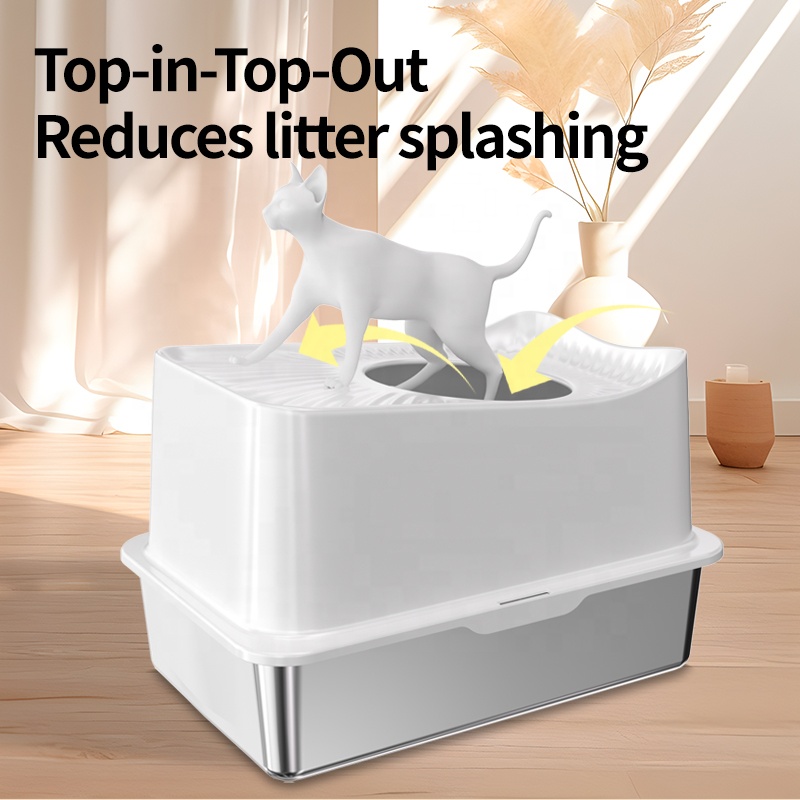 Wholesale High-End Stainless Steel Super-Large Cat Litter Box Top-In Enclosure Anti-Splash Non-Stick Bottom Easy Cleaning