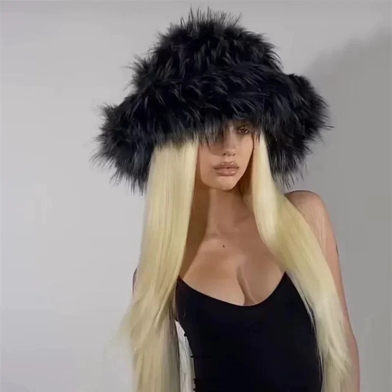 Womens fluffy faux fur bucket hat retro plush and warm oversized Y2K fisherman hat thick raccoon fur winter hat 241125