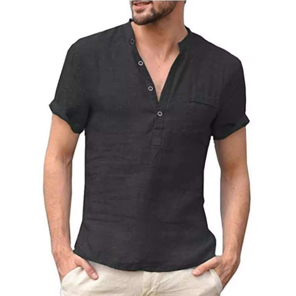 Summer New Cotton En Short Sleeved Men's T-Shirt Stand Up Collar Button Half Open Simple Shirt For Sports And Leisure B3