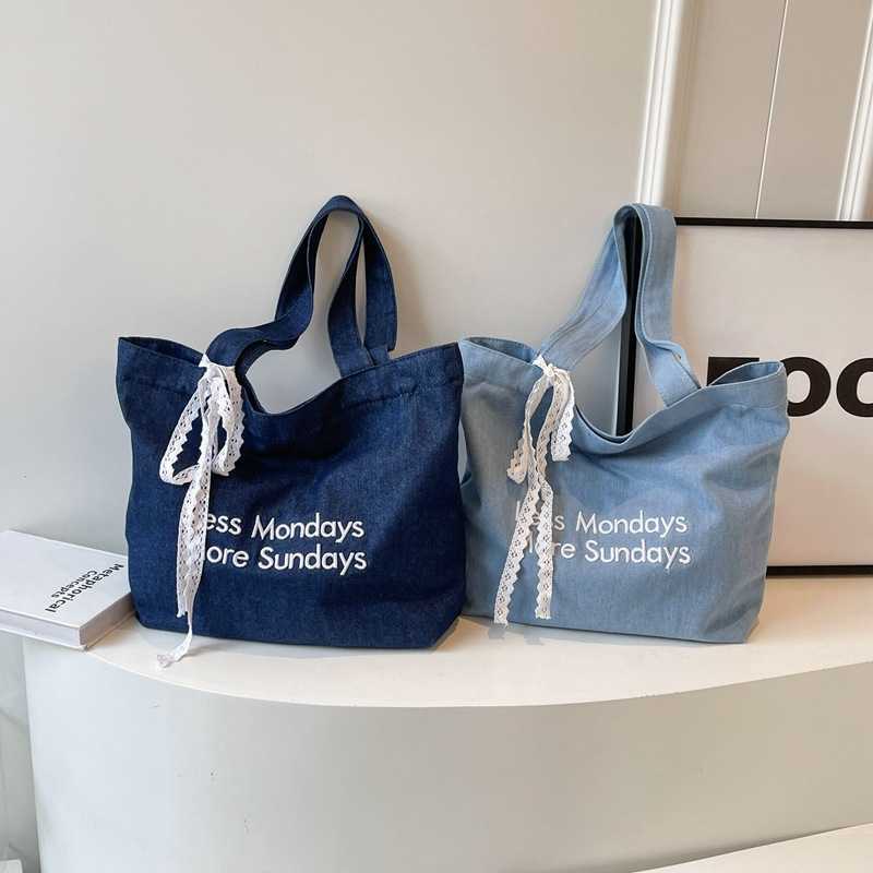 Washed Denim Bag New Embroidered Letters Tote Bag Trendy Large Capacity Shopping Handbags Korean Female Shoulder Bags 241125