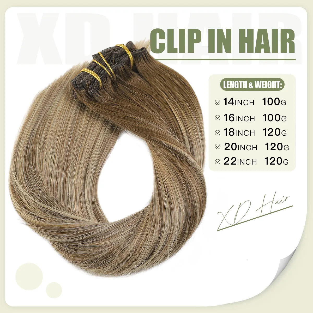 XDhair Clip in Hair Extensions 120g Real Human Hair Brown with Blonde Clip in Remy Human Hair Extensions 241125
