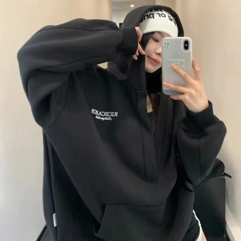 Women's Oversized Hoodie With Letter Embroidery - Casual Grunge Sweatshirt For Winter, Kpop Style