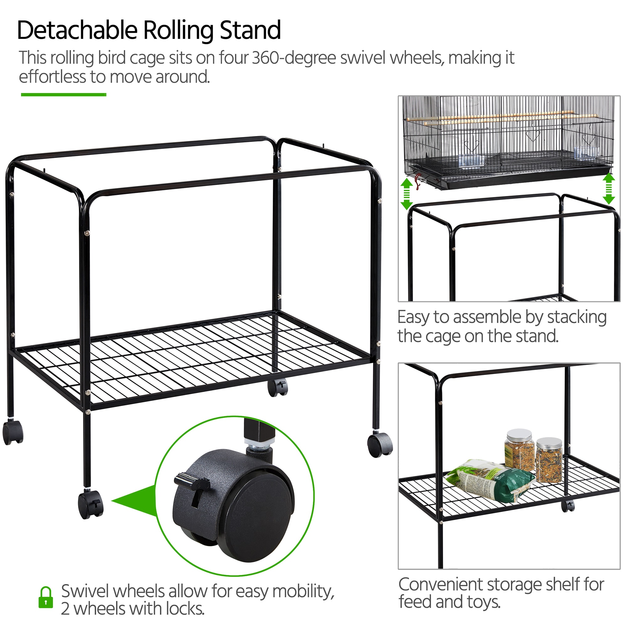 Topeakmart Black 47" Flight Cage with Slide-Out Tray and Rolling Detachable Stand for Birds