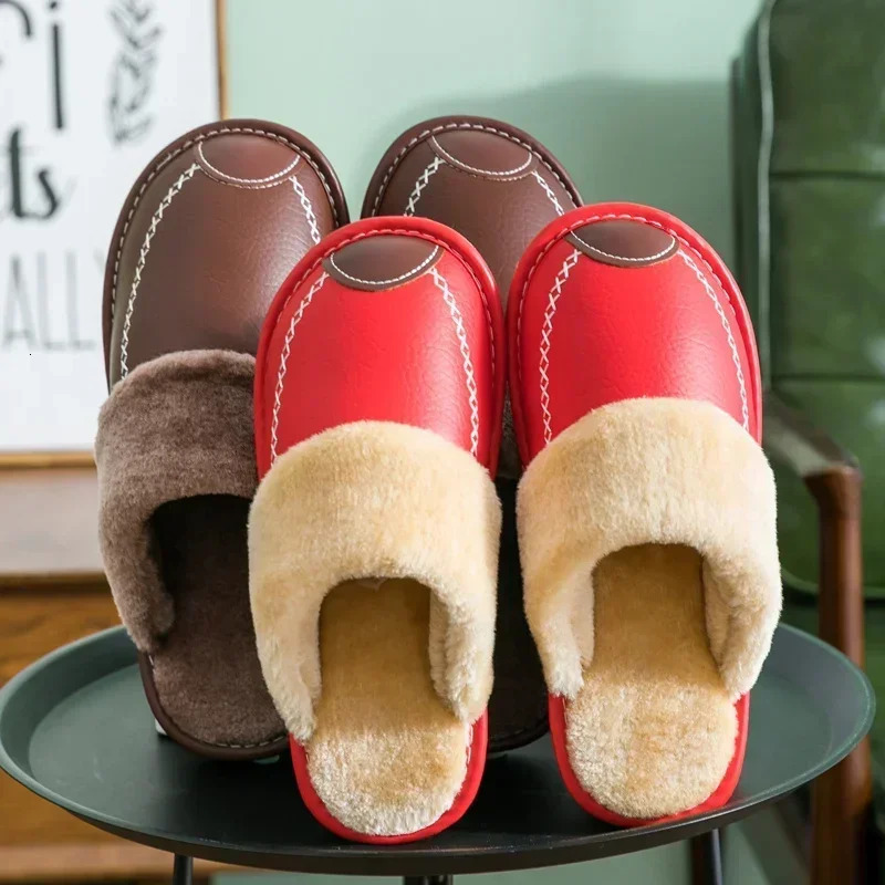 Men Winter Leather Slippers Bedroom Cotton Slippers Male Waterproof Thick Plus Velvet Indoor Warm House Home Slippers Shoes 241125