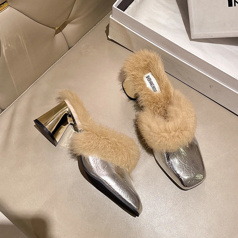 Winter Women Fur Shoes Elegant Fashion Closed Toe Mules High Heel Height Shoes Lady Sexy Chunky Soft Warm Slippers 241125