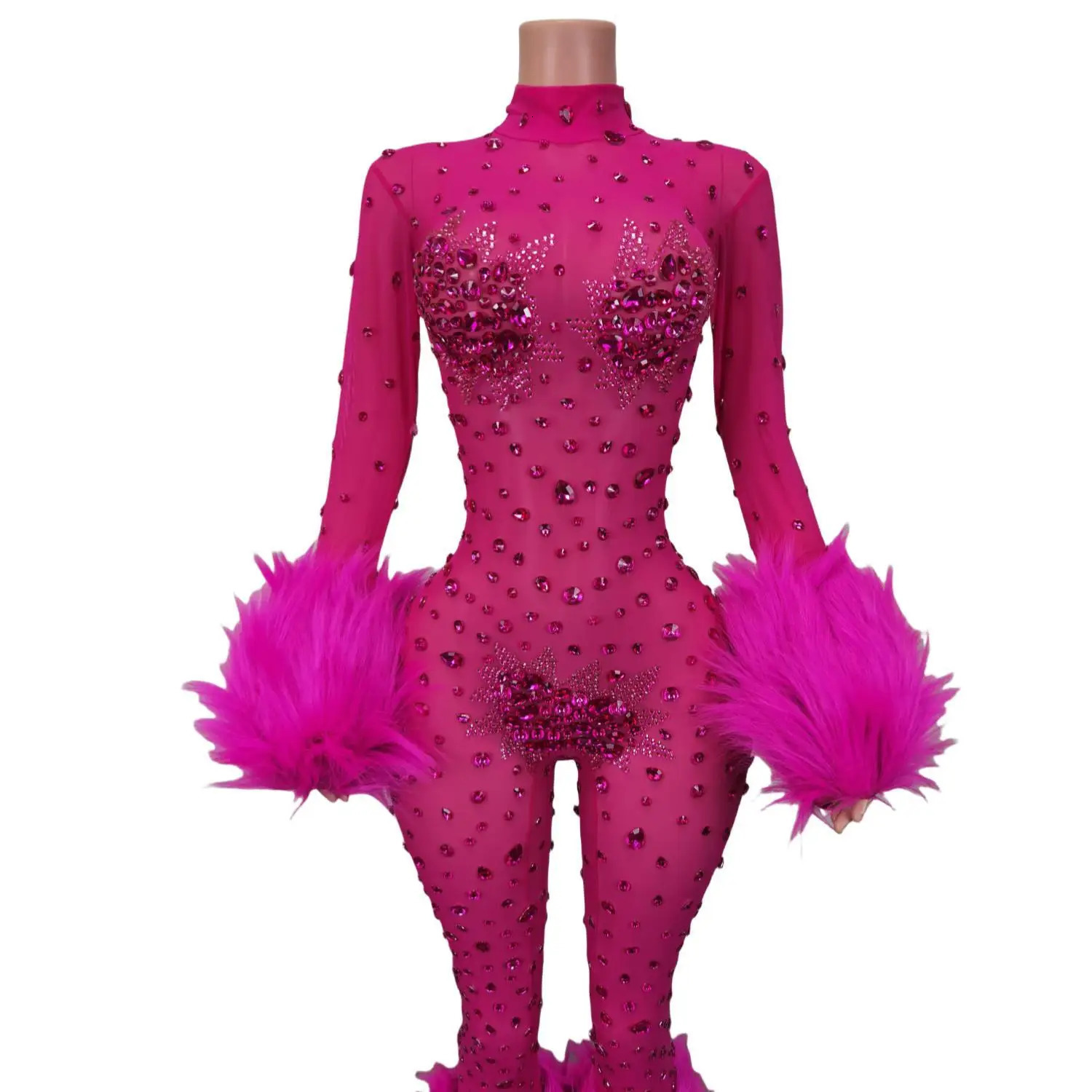 Women Sexy Mesh Bodycon Feathers Shinning Crystal Jumpsuits Nightclub Party Birthday Performance Costume Stage Wear Guibin 241121