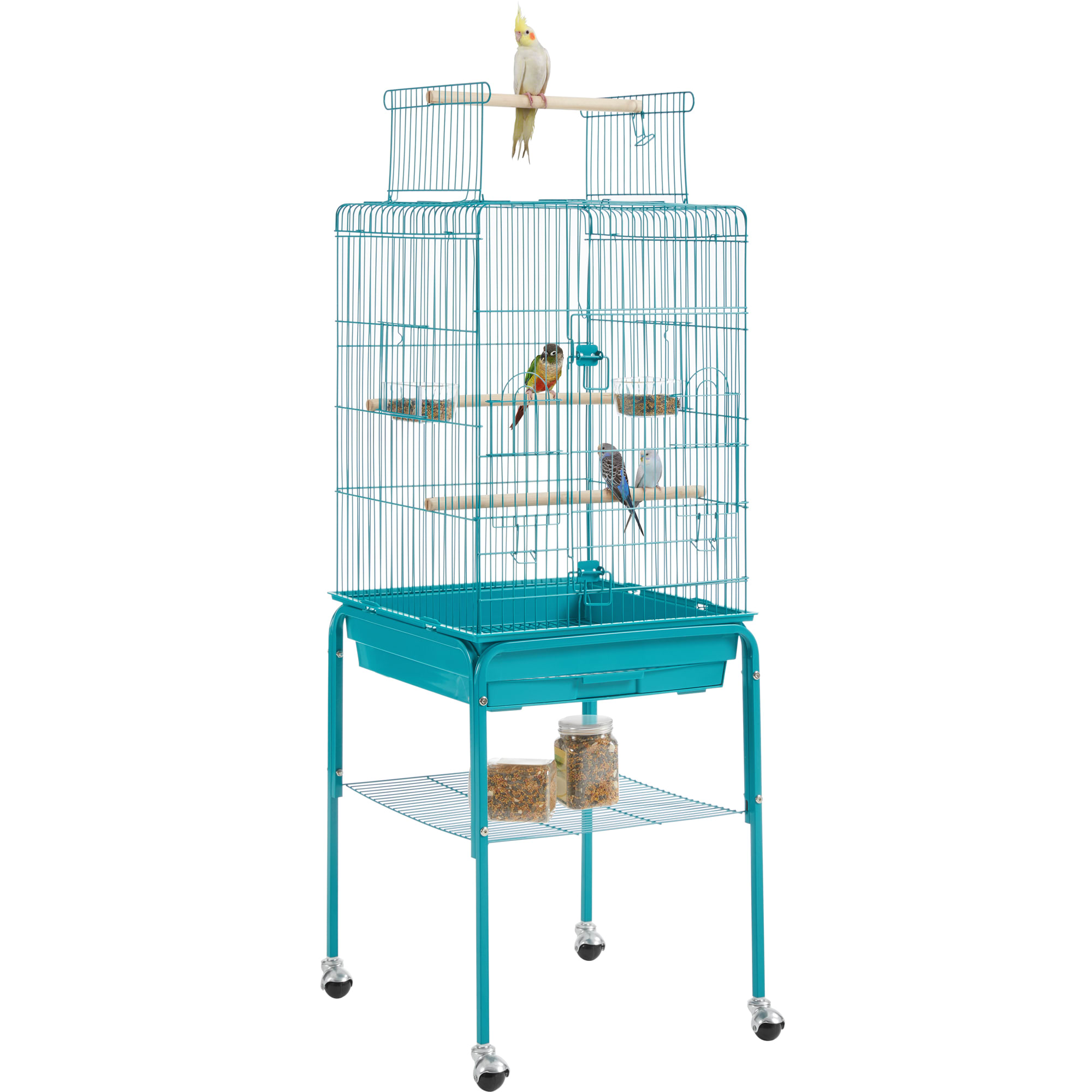 Topeakmart Teal Blue Metal Bird Cage with Detachable Rolling Stand for Small Birds, 47" H