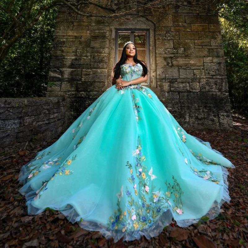 Mint Green Shiny Quinceanera Dresses Ball Gown Off The Shoulder Flowers Appliques Beading Ruffles Bow Sweet 16 Vestidos De 15 Anos