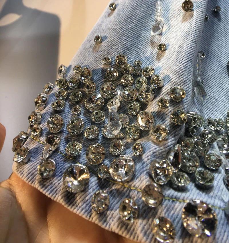 Women's Jeans Rhinestone Denim Shorts Woman Summer Wear Heavy Industry Tassel Bead Dia-Embedded High Waist Wide-Leg Jean Free shippin