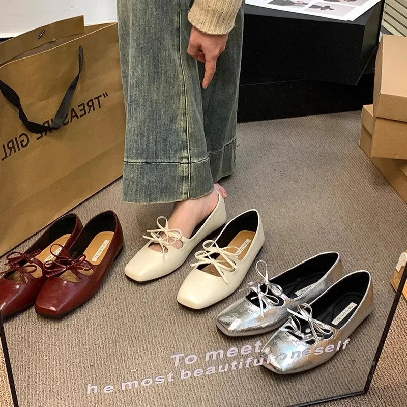 Lovely Double Bowknot Women Mary Jane Shoes 2024 Spring Summer Square Toe Dress Flat Shoe Ladies Red Soft Sole Shoes Zapatos 241125