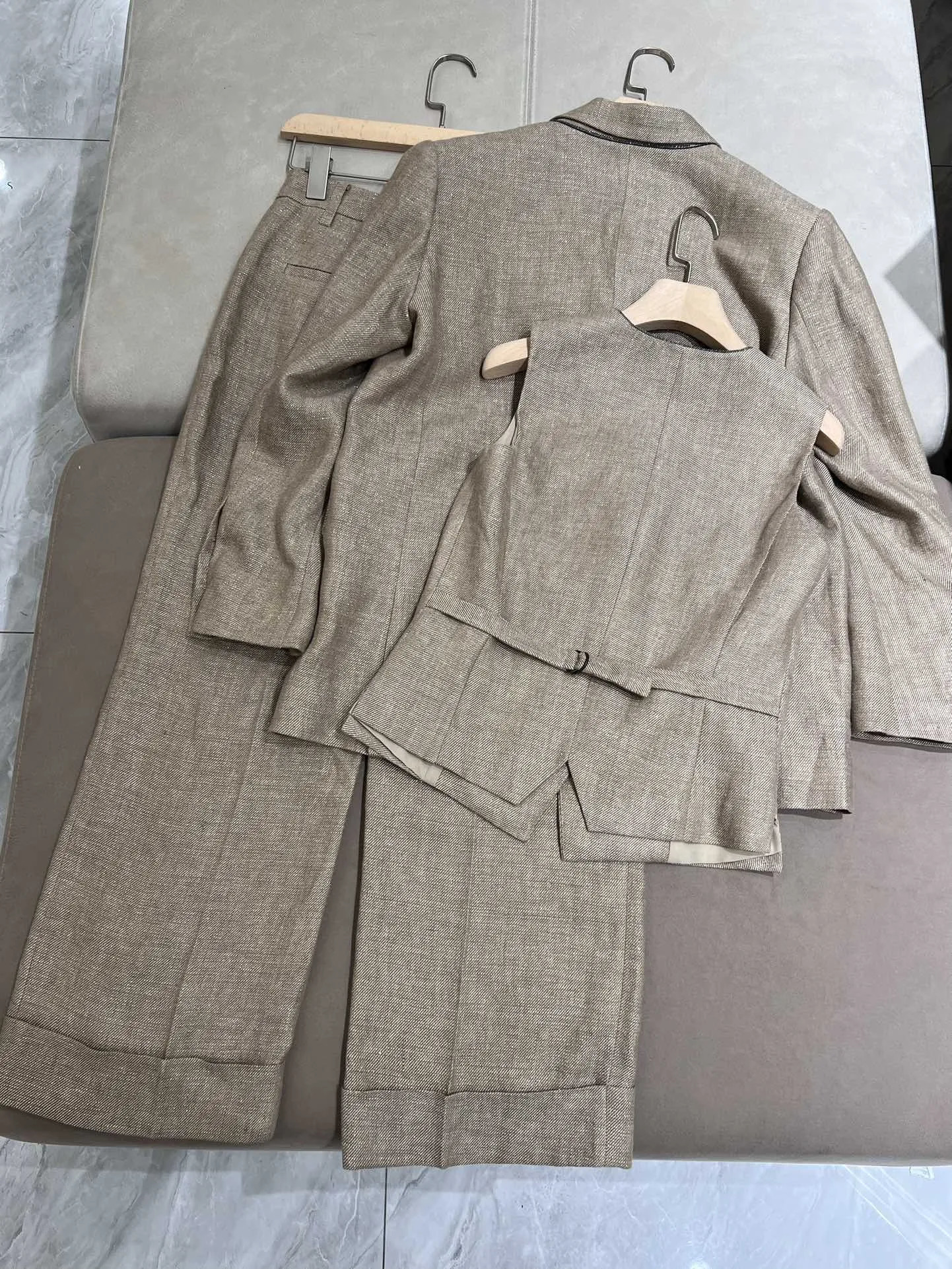 Spring BC Womens Pants Suit Linen Blazer Jacket Vest High Waist Wide Leg Trousers 3 Piece Set Female Clothing 240423
