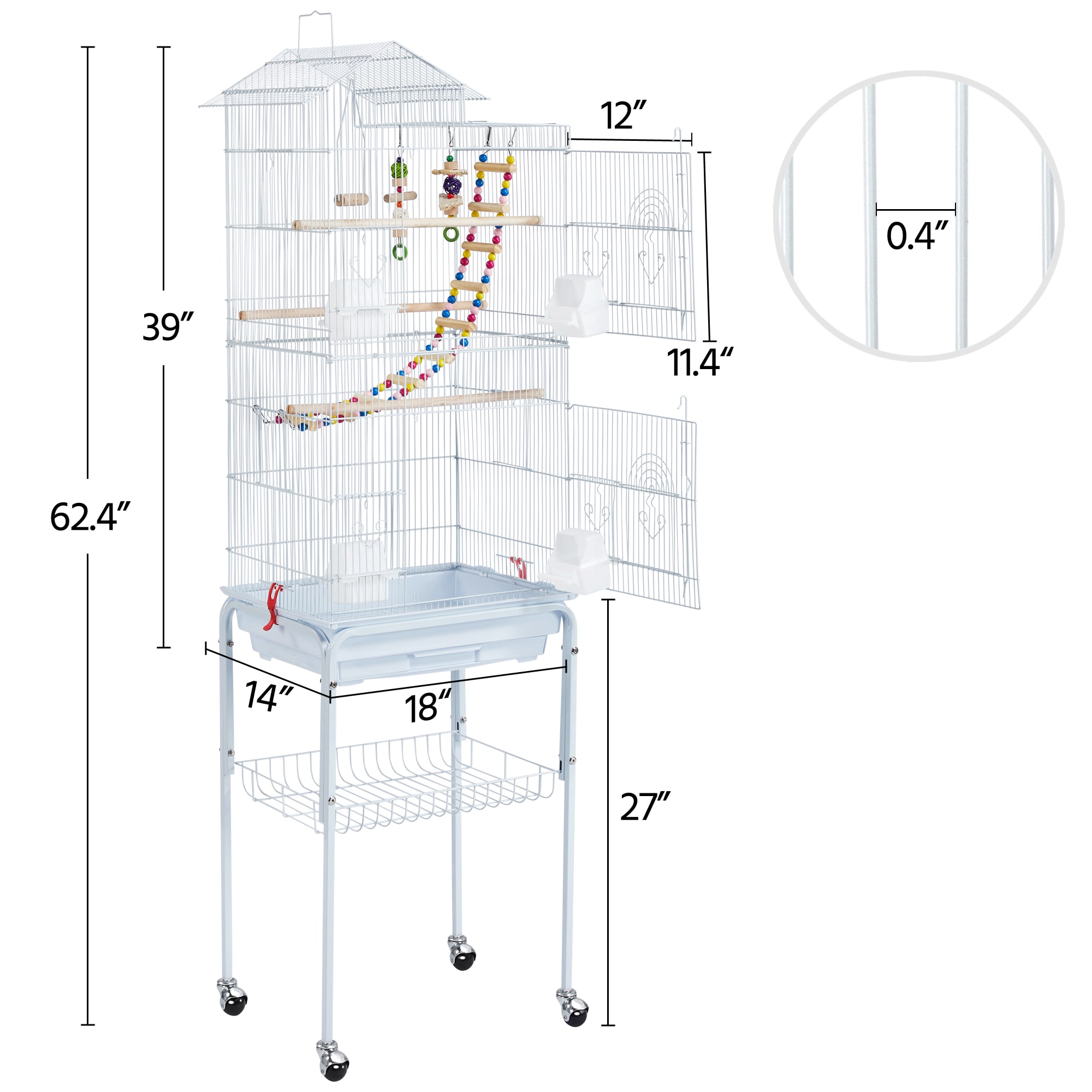 Topeakmart White Metal Bird Cage with Ladder Toy and Rolling Detachable Stand, 62.4" H