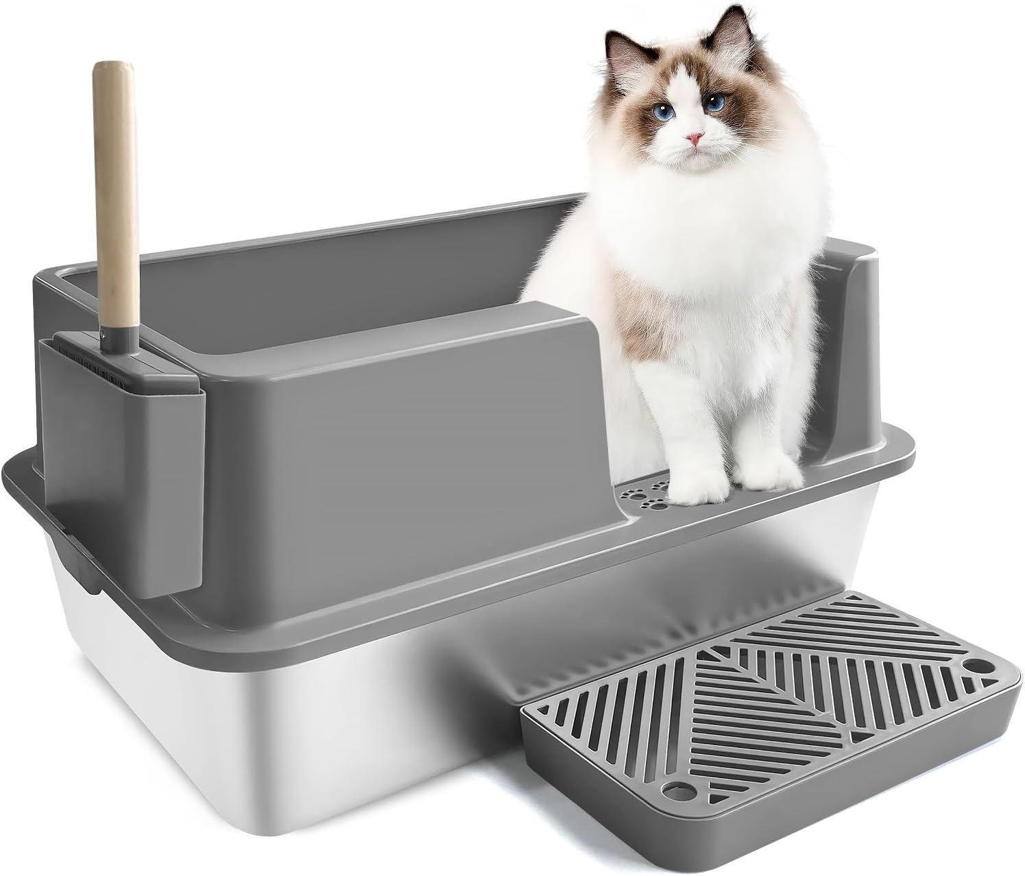 2024 New wn Stainless Steel Cat Litter Box Cat Litter Tray Semi-Closed With High Side Cat Litter Tray Sandbox With Scoop Pet