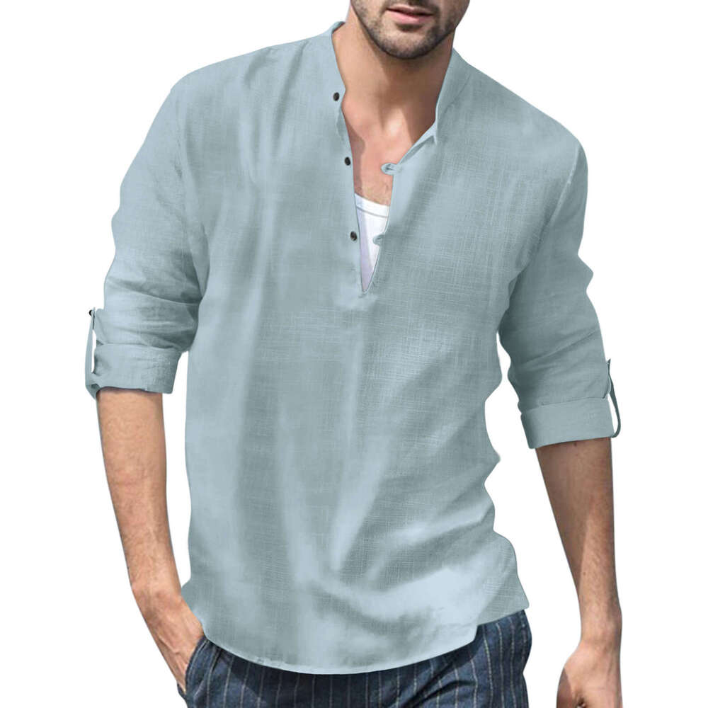 Autumn And Winter Men's En Henry Shirt Collar Long Sleeved Casual Beach B1