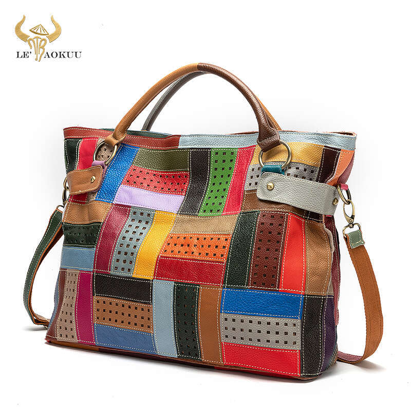 New Multi-Color Soft Natural Leather Ladies Patchwork Large Shopper Handbag Shoulder Women Design Female Tote Bag 355