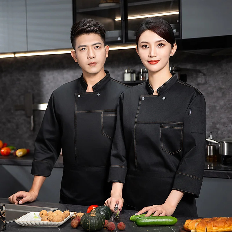 grey Chef uniform Long Sleeve chef jacket Cook Coat Tshirt Baker Work Uniform Waiter Restaurant el Clothes women 240412
