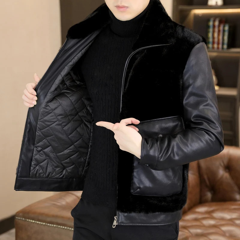 Autumn Winter Leather Fur Integrated Jackets Men Korean Casual Business Overcoat Thickened Warm Faux Fur Social Windproof Coats 241125