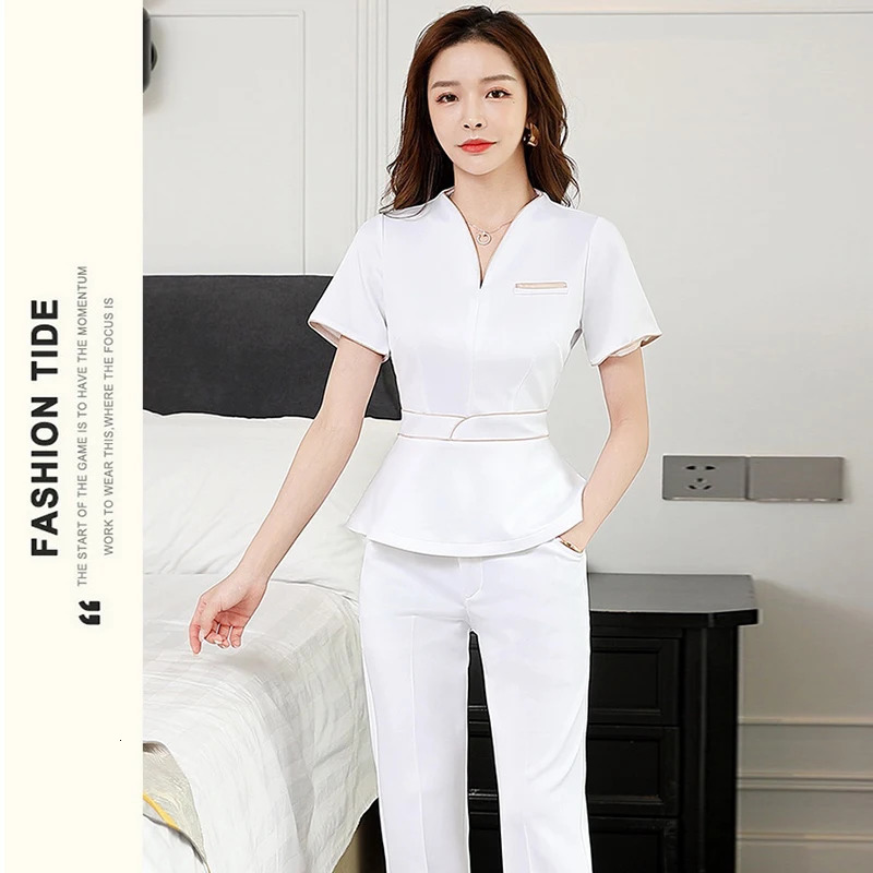Beauty Salon Uniform Fashion Spa Masseuse Clothing Nail Technician el Front Desk Work Clothes for Women Manicurists Pants Set 240412