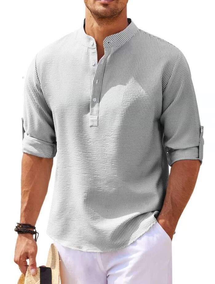 European And American Men's Shirt Long Sleeved Stand Up Collar Open Button Pineapple Plaid Casual Top Wholesale B3