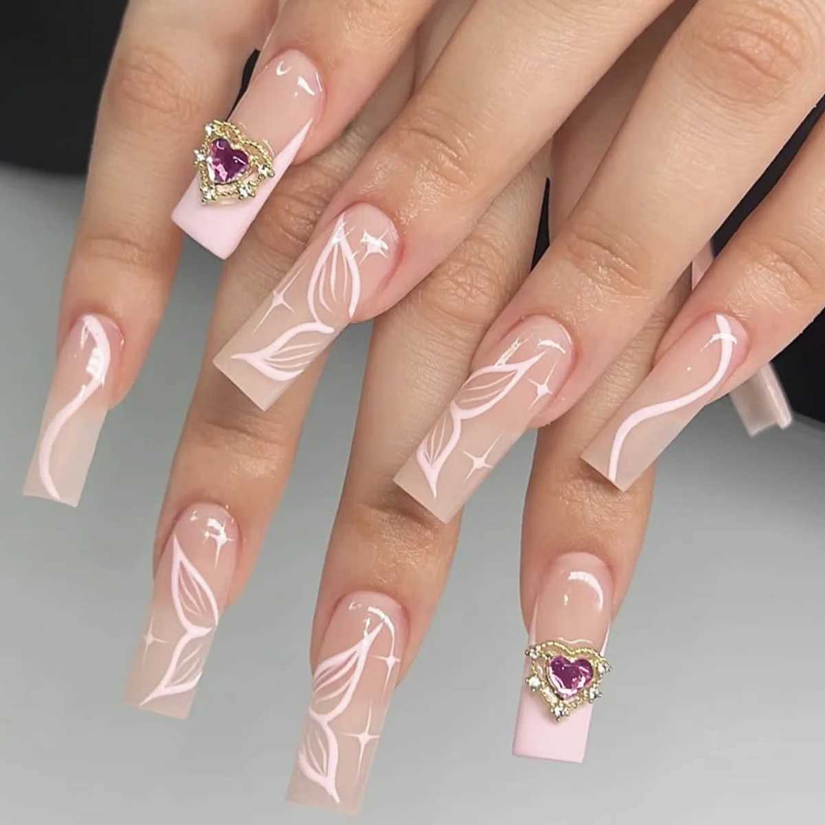 24pcs 3D Fake Nails Pink Plum Blossom Decoration Long Coffin Ballet Fake Nails Detachable Girl Handmade Nail TipsW241125