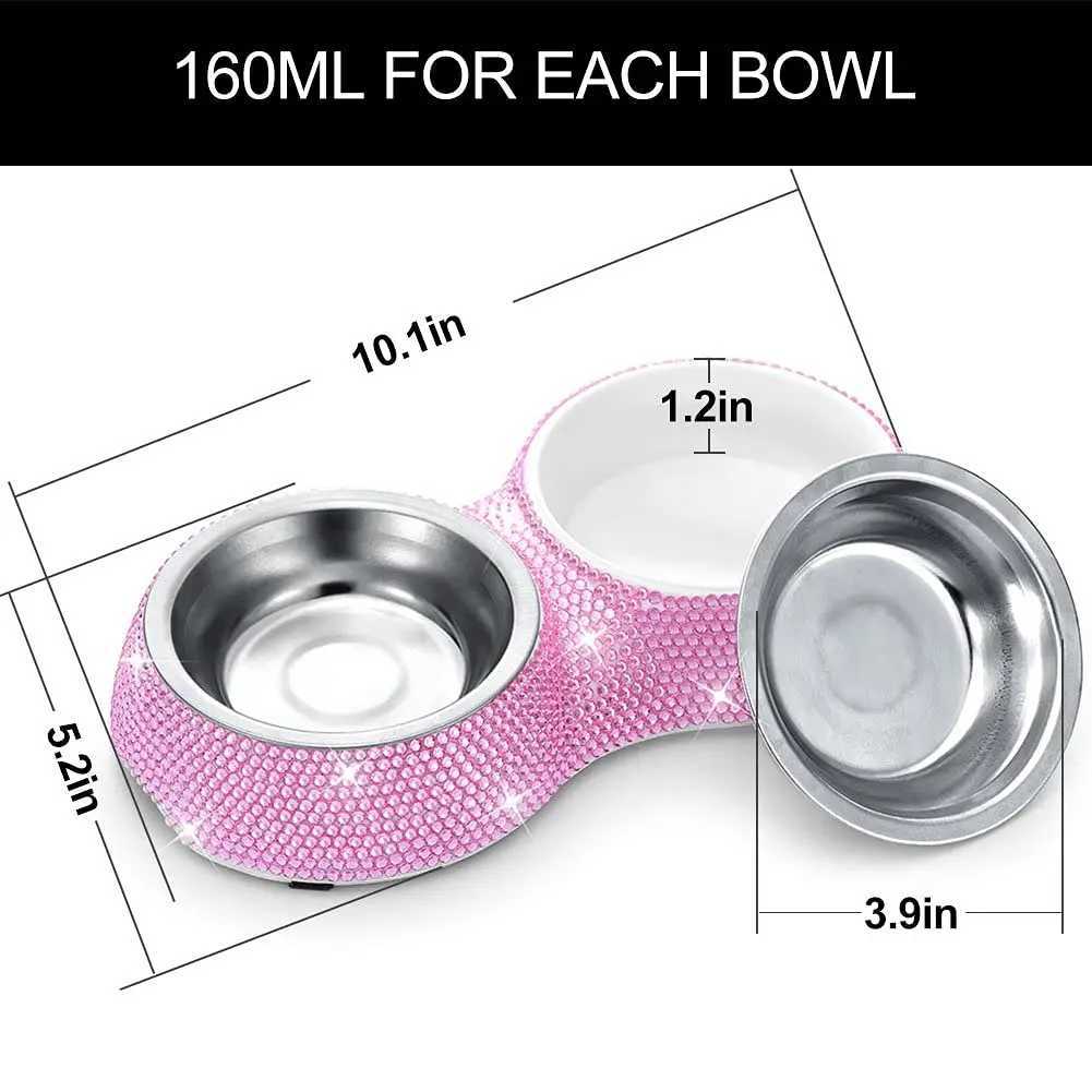 Bling Diamond Stainless Steel Double Dog Bowl Pet Drinking Bowl Luxury Rhinestone Cat Feeding Pet Products Cat BowlsXJ241125