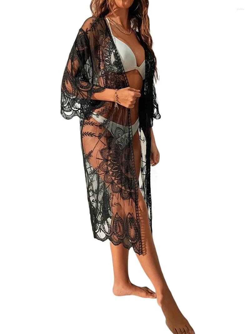 Women Lace Cardigan Bikini Cover-Ups Floral Crochet Sheer Beach Long Open Front Kimono Swimwear Sunscreen Clothes