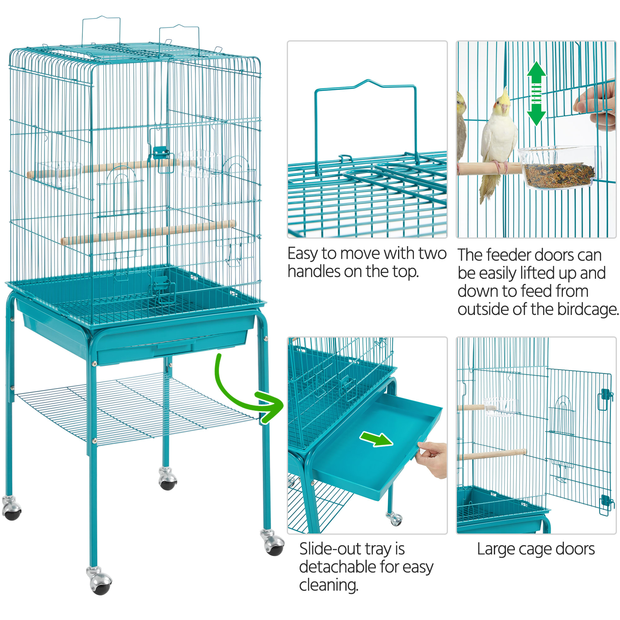 Topeakmart Teal Blue Metal Bird Cage with Detachable Rolling Stand for Small Birds, 47" H
