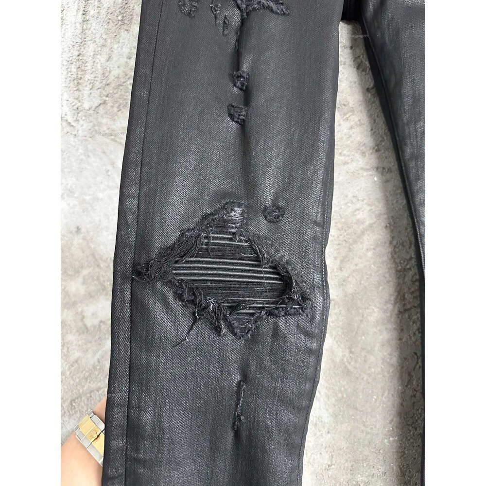 Men's Jeans men leather ribbed patch distressed stretchy skinny wax black jeans 230718