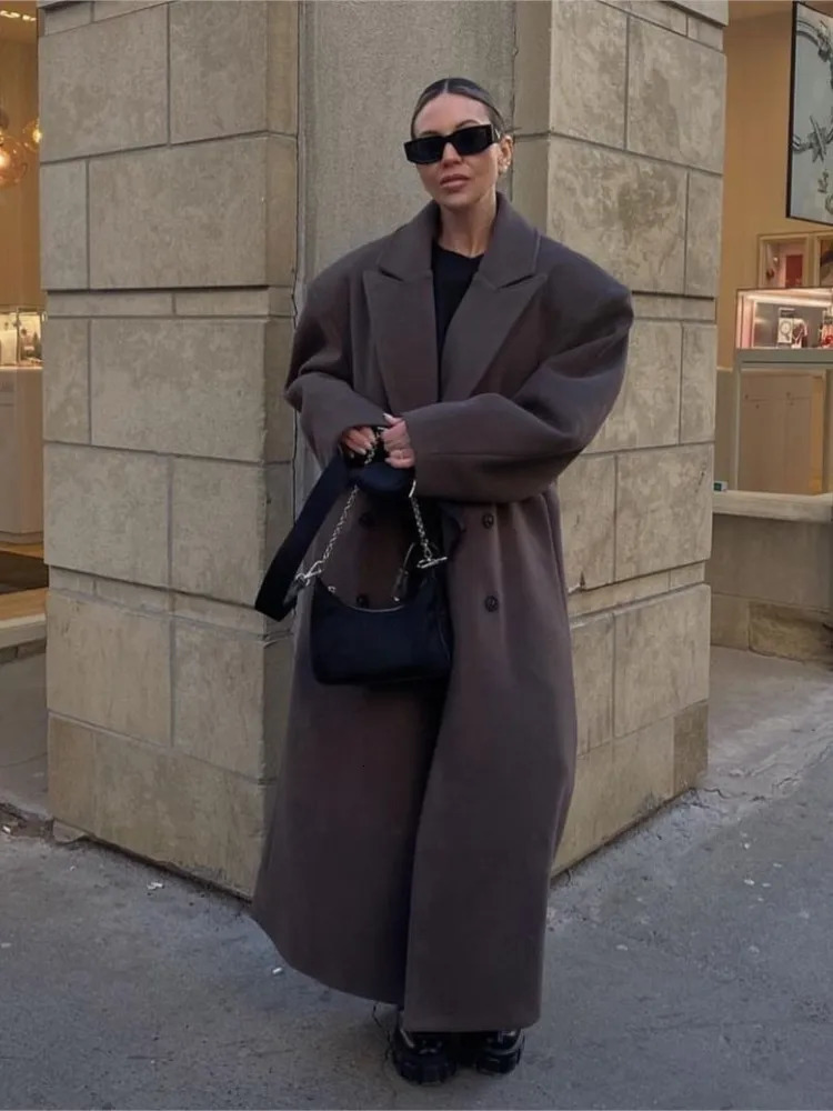 long coat trench coat double breasted thick coat warm coat wide shoulder and wide knee coat autumn and winter 241125