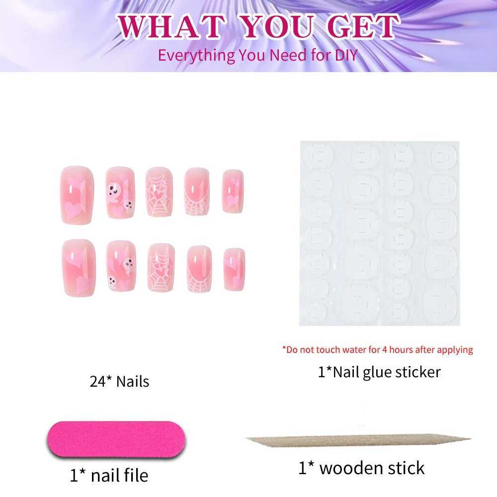 24 pieces of short square Halloween inspired fake nails painted ghosts cobweb and love designs all covered with pressed nailsW241125
