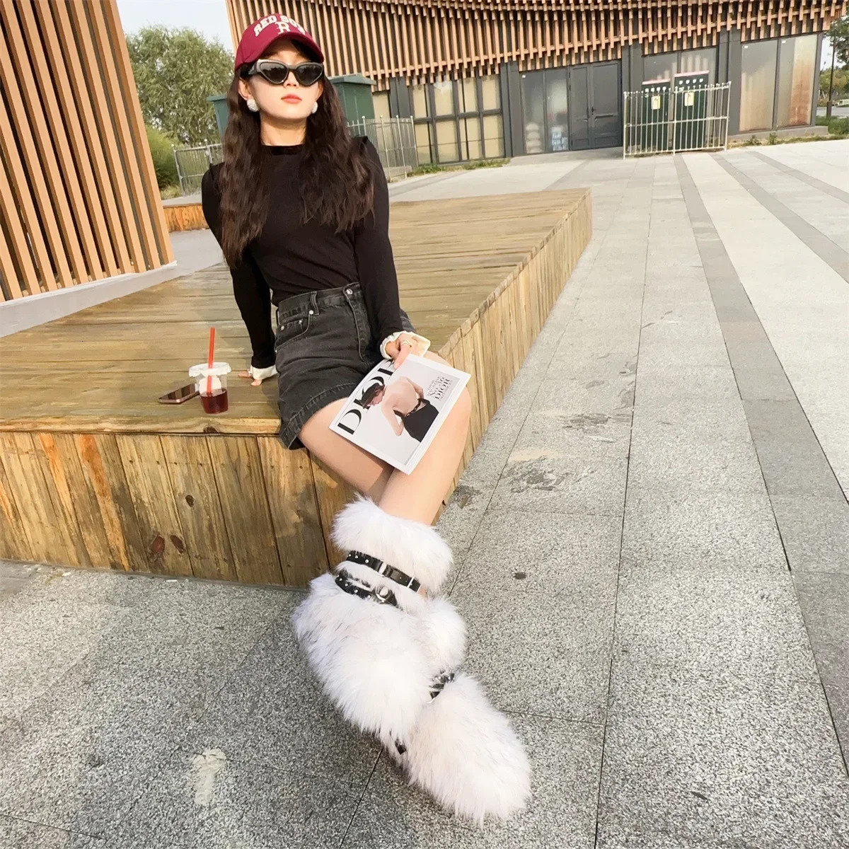 Winter Fur Onepiece Raccoon FurFemale Snow Boots Fur shoes OutdoorMid Leg Boots y2k Cool Pink 241125