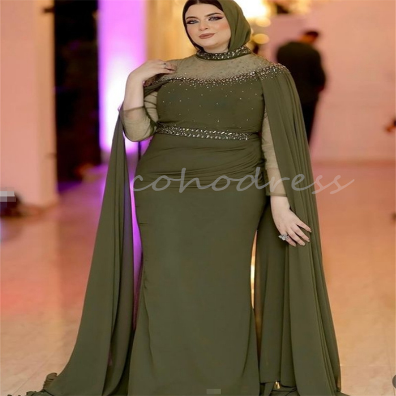 Luxury Olive Green Arabia Evening Dress With Cape High Neck Crystal Mermaid Dubai Abaya Prom Dress Turkey Formal Gown Sepcial Occasion Birthday Dress